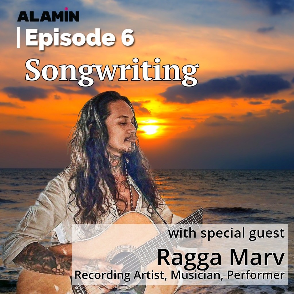 A musician with long hair plays an acoustic guitar on the beach during sunset, promoting an episode about songwriting featuring Ragga Marv.