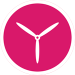 A pink circular logo featuring a white propeller design in the centre.